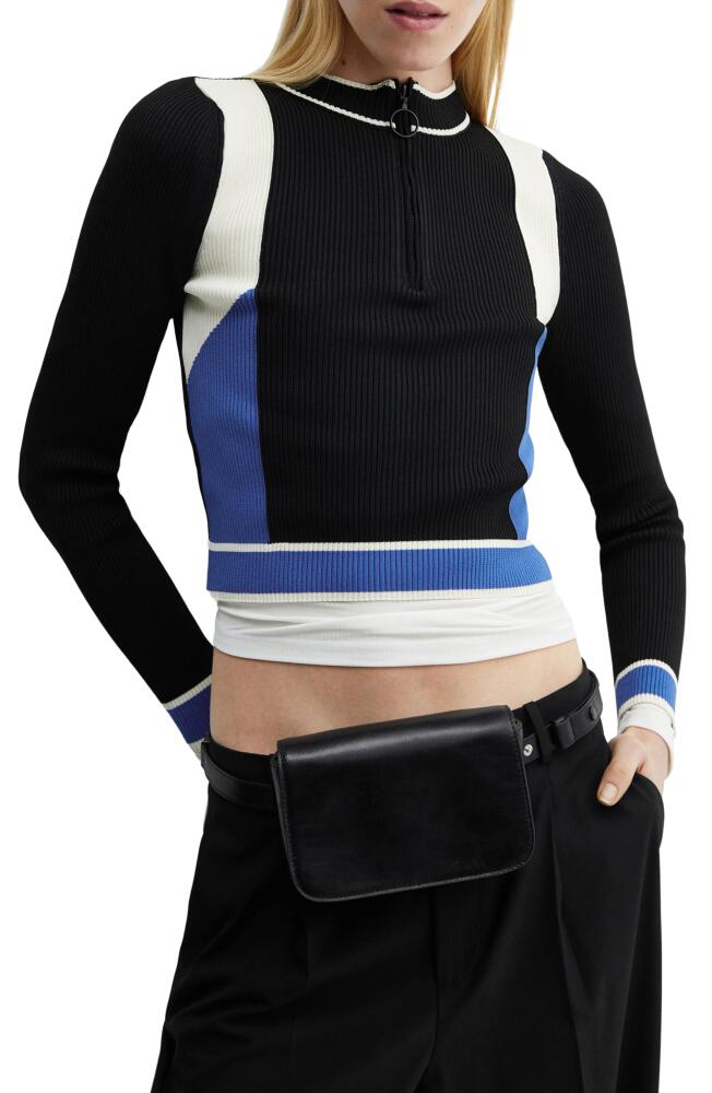 MANGO Colorblock Half Zip Crop Sweater in Black Cover