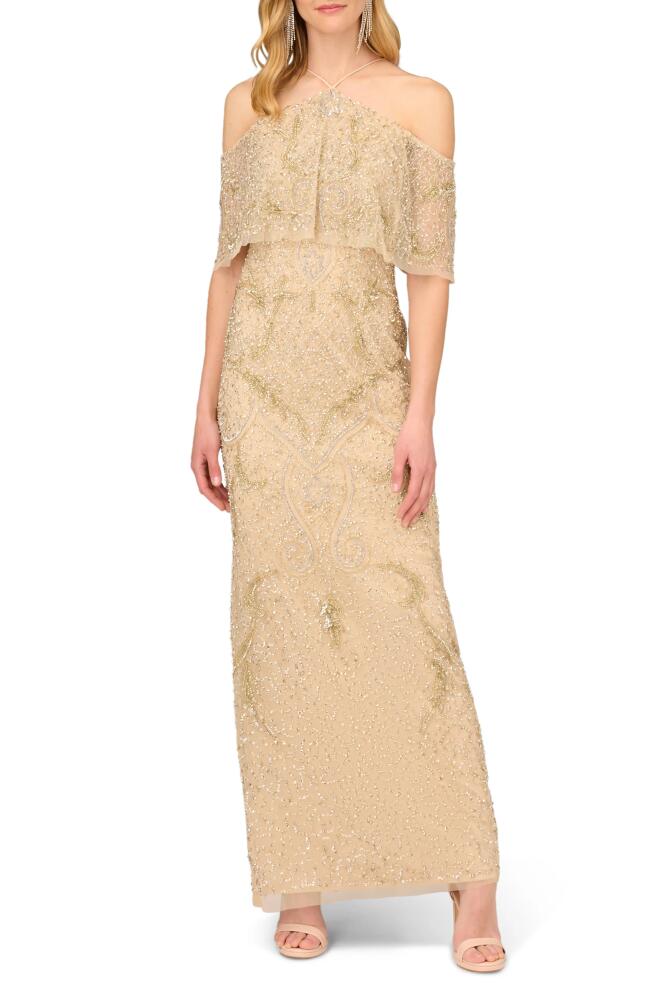 Aidan Mattox by Adrianna Papell Cold Shoulder Beaded Halter Column Evening Gown in Beige/Light Gold Cover