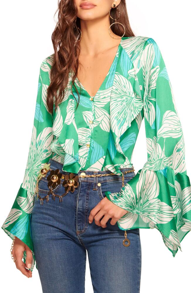 Ramy Brook Savanna Floral Trumpet Sleeve Shirt in Sea Green Lily Print Cover