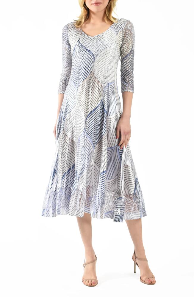 Komarov Abstract Print Charmeuse & Lace Cocktail Midi Dress in Lapis Leaf Cover