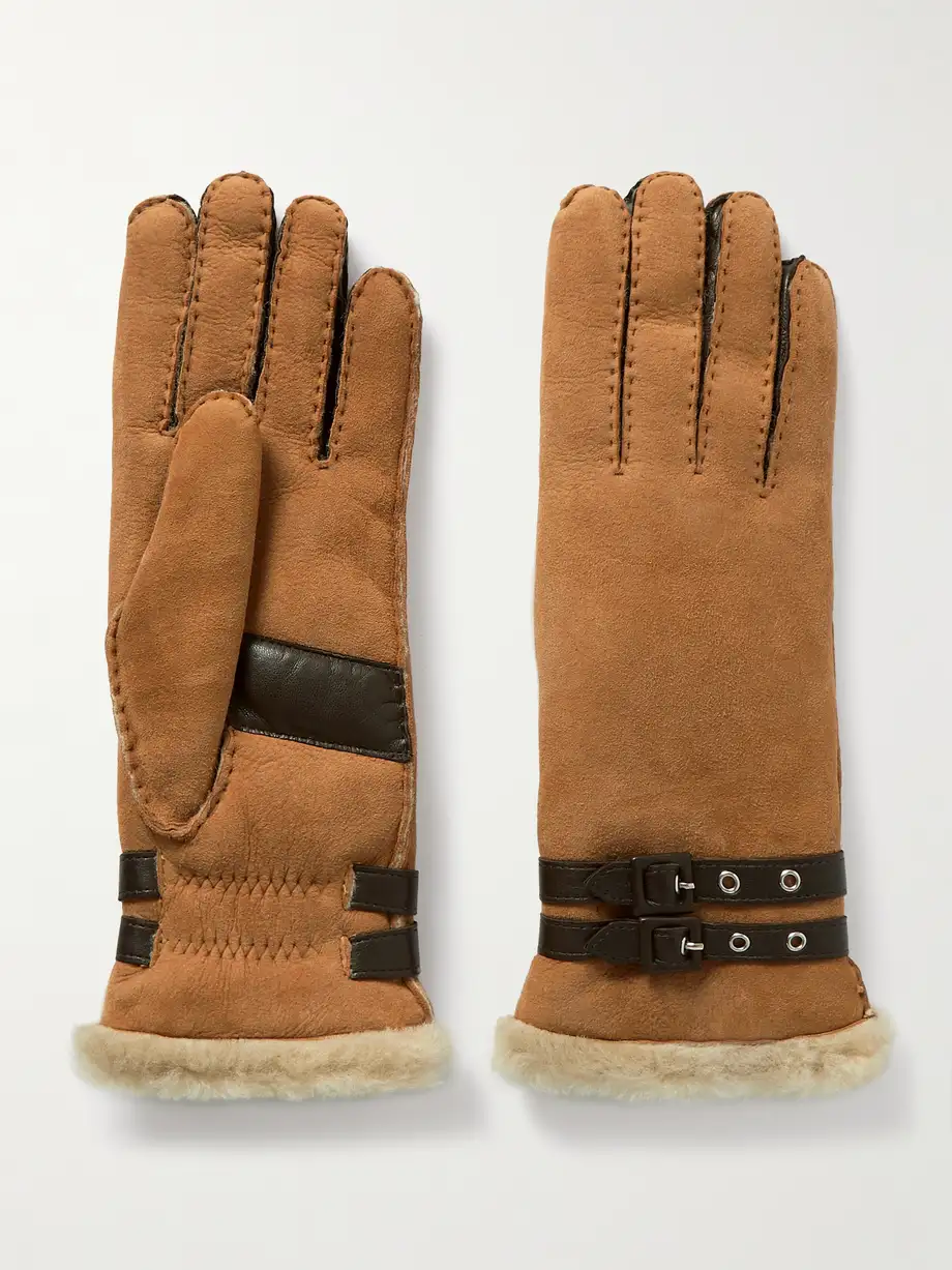 Agnelle - Bombera Buckled Leather-trimmed Shearling Gloves - Brown Cover