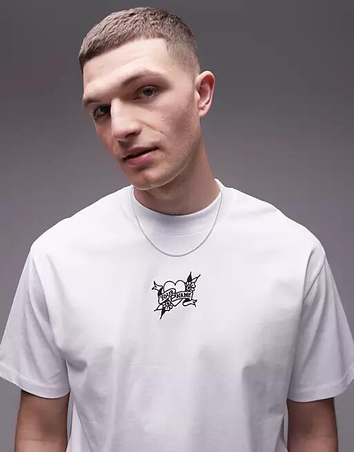 Topman extreme oversized fit t-shirt with tattoo heart and word embroidery in white Cover