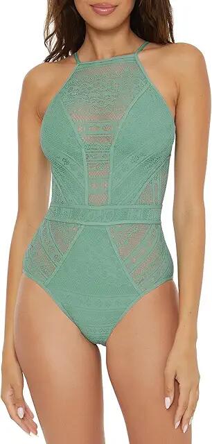 BECCA Color Play Crochet High Neck One-Piece (Mineral) Women's Swimsuits One Piece Cover