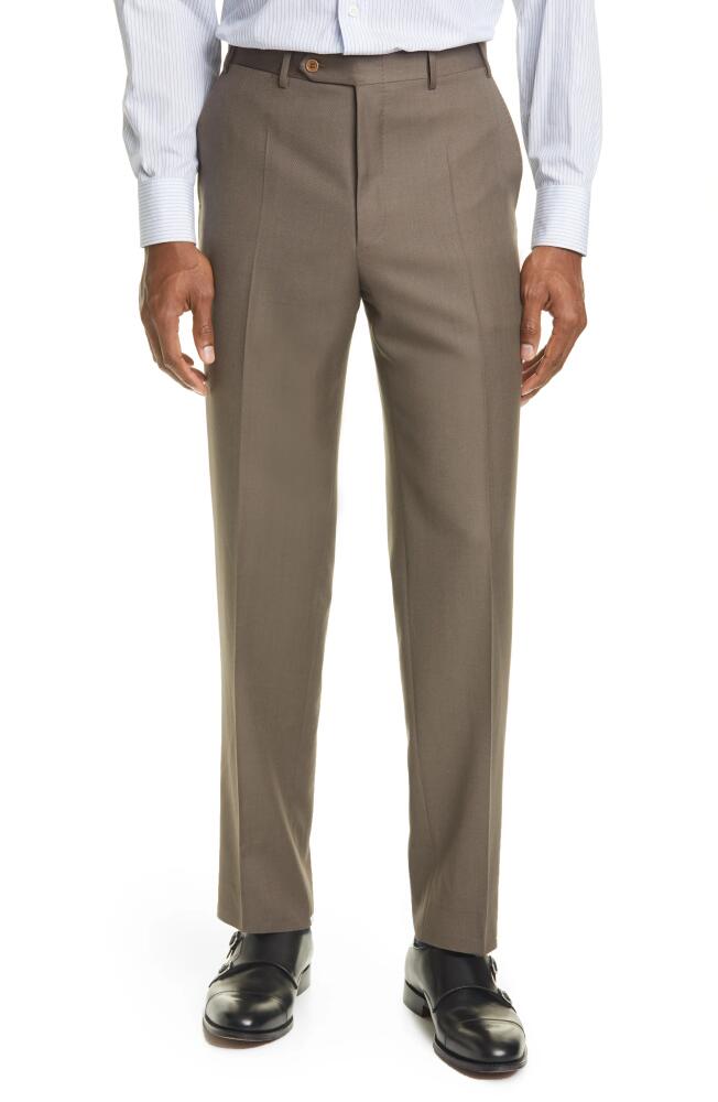 Canali Wool Flat Front Trousers in Dark Beige Cover