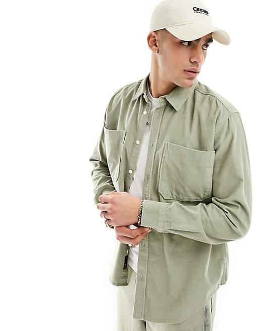 Only & Sons long sleeve cord shirt in green Cover