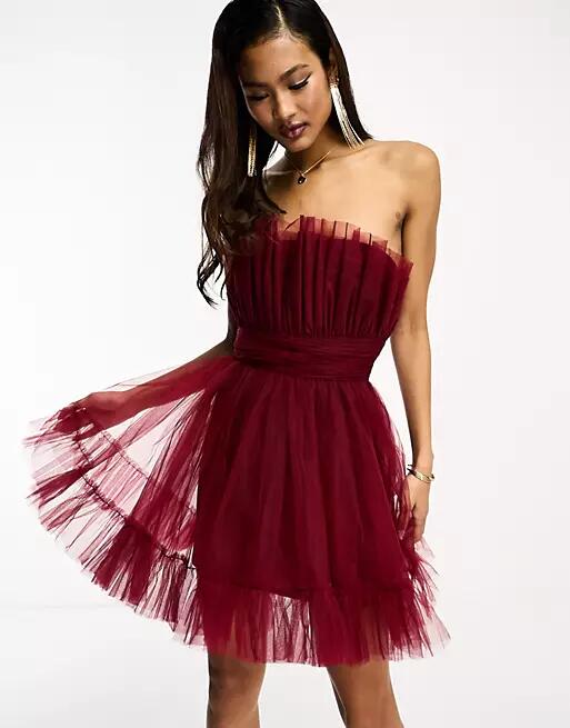 Lace & Beads bandeau tulle mini dress in astro dust-Red Cover