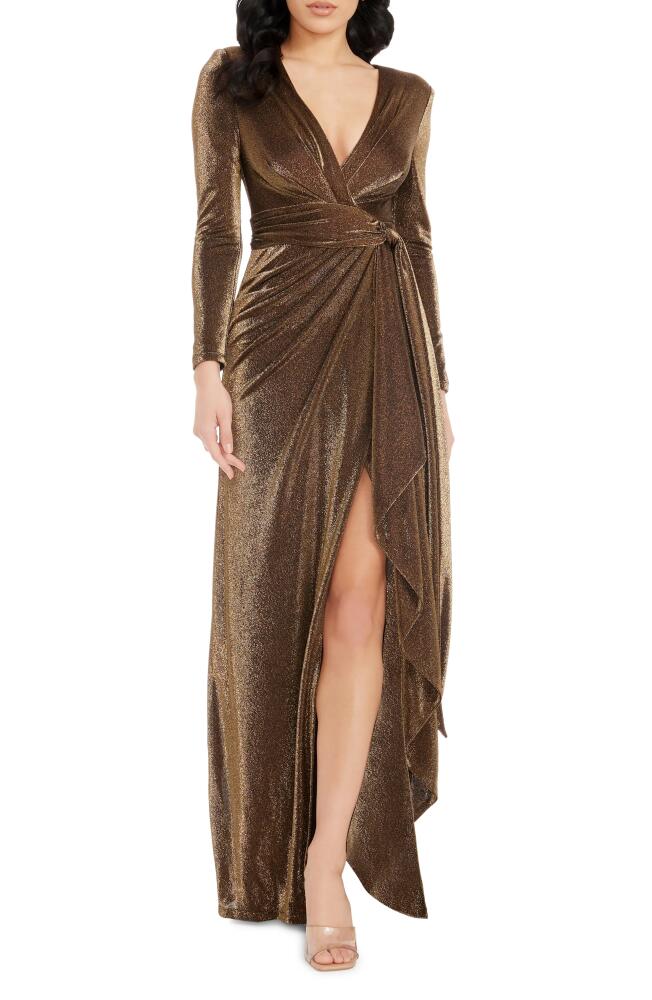 Dress the Population Shania Metallic Wrap Front Long Sleeve Gown in Gold Multi Cover