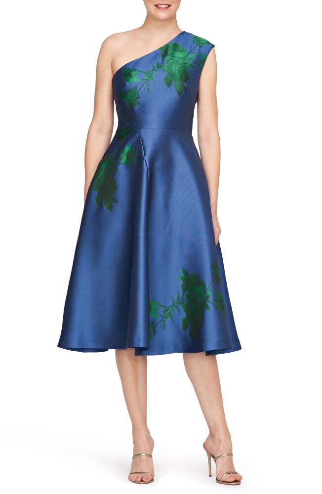 Kay Unger Leai Floral One-Shoulder A-Line Midi Dress in Denim Cover