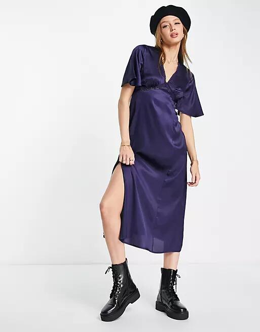 Influence satin flutter sleeve midi dress with lace trim in navy Cover