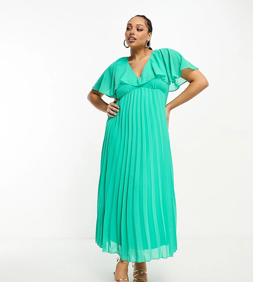 ASOS DESIGN Curve angel cape sleeve pleated hem maxi dress in green Cover