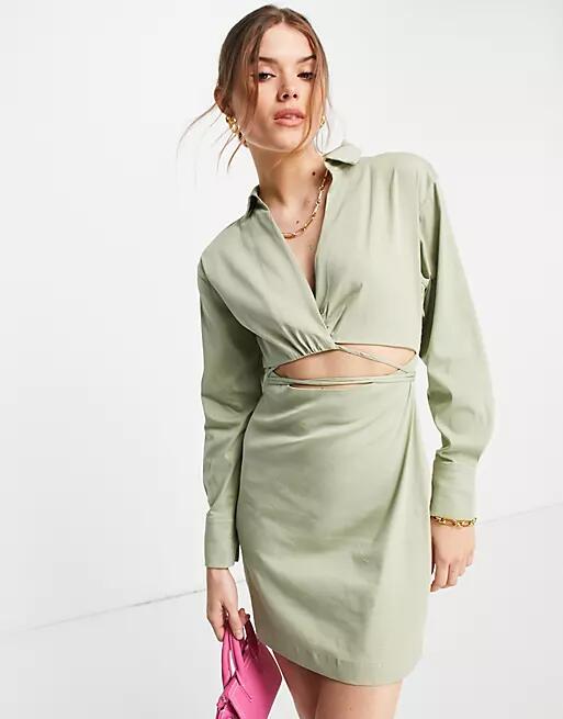 Envii long sleeve shirt dress with wrap waist in khaki-Green Cover