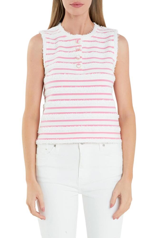 English Factory Stripe Fringe Accent Sleeveless Henley Knit Tank in White/Pink Cover