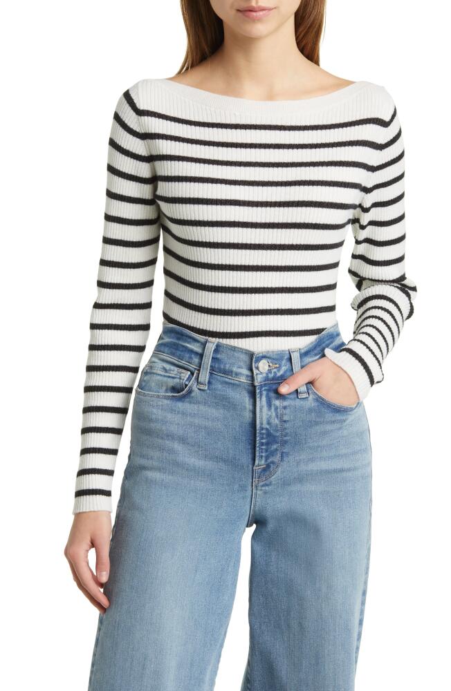 FRAME Stripe Boat Neck Wool, Cashmere & Silk Rib Sweater in Black/white Multi Cover