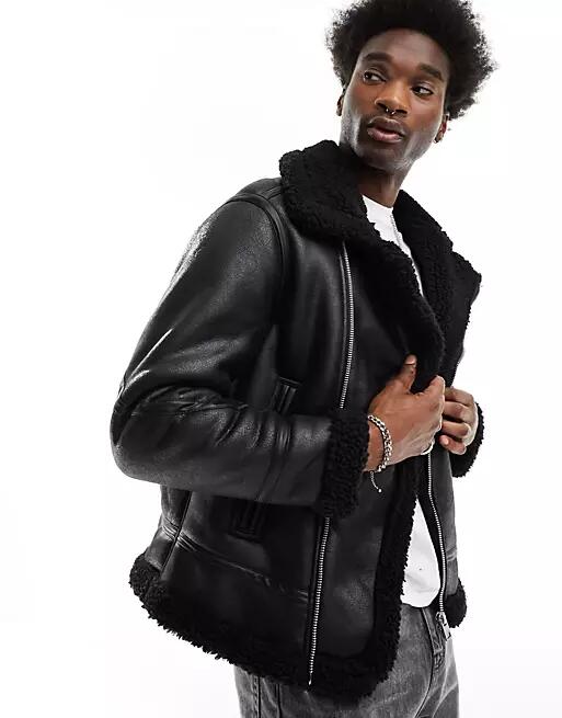 Pull & Bear faux leather aviator jacket with shearling lining in black Cover