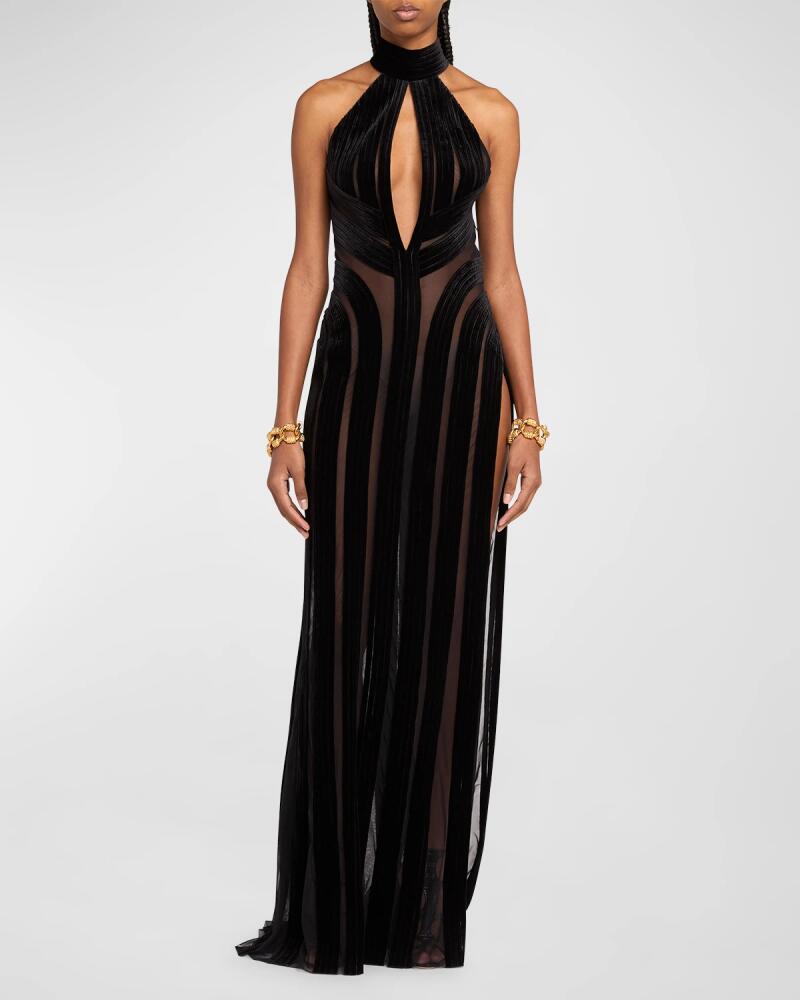 TOM FORD Velvet Embroidered Tulle Backless Halter Gown Cover