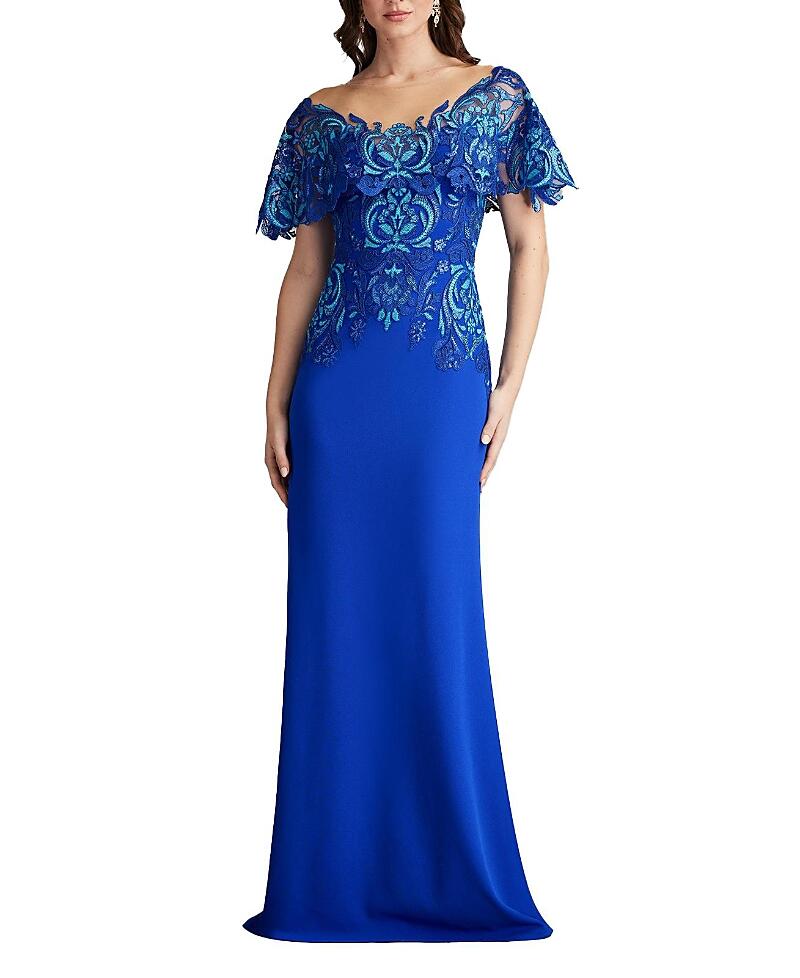 Tadashi Shoji Deming Ruffled Sleeve Illusion Gown Cover