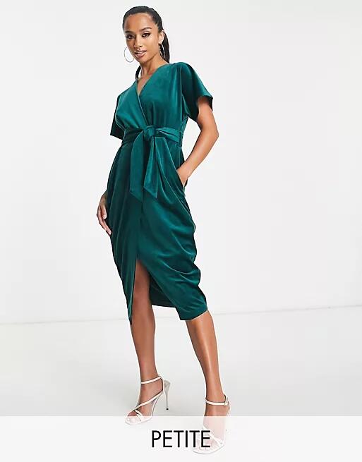 Closet London Petite kimono sleeve velvet midi dress with wrap tie in emerald-Green Cover