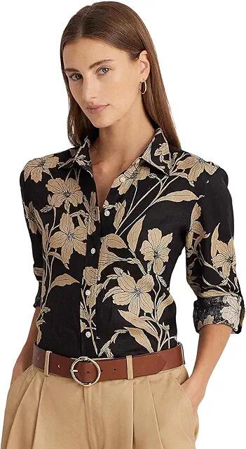 LAUREN Ralph Lauren Floral Linen Shirt (Black/Tan) Women's Clothing Cover