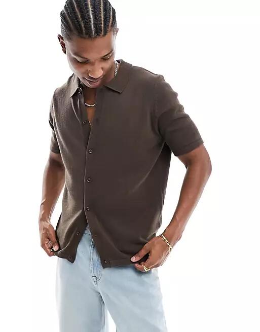 ASOS DESIGN midweight knit cotton button up polo in brown Cover