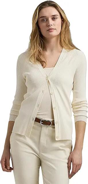 Lauren Ralph Lauren Ribbed V-Neck Cardigan (Mascarpone Cream) Women's Sweater Cover