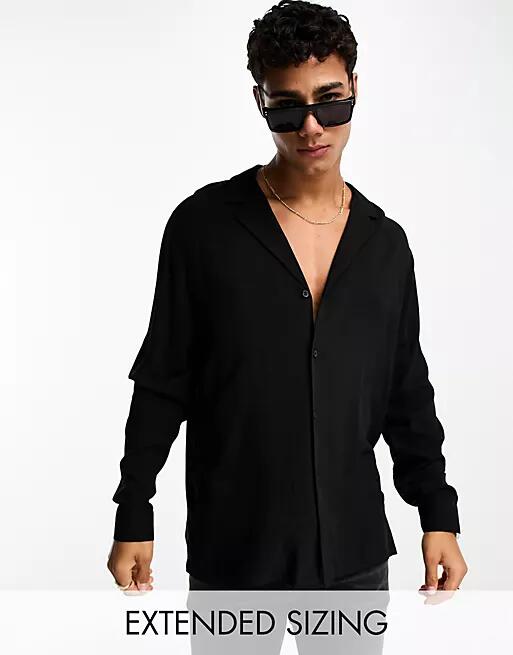 ASOS DESIGN relaxed fit viscose shirt with low revere collar in black Cover