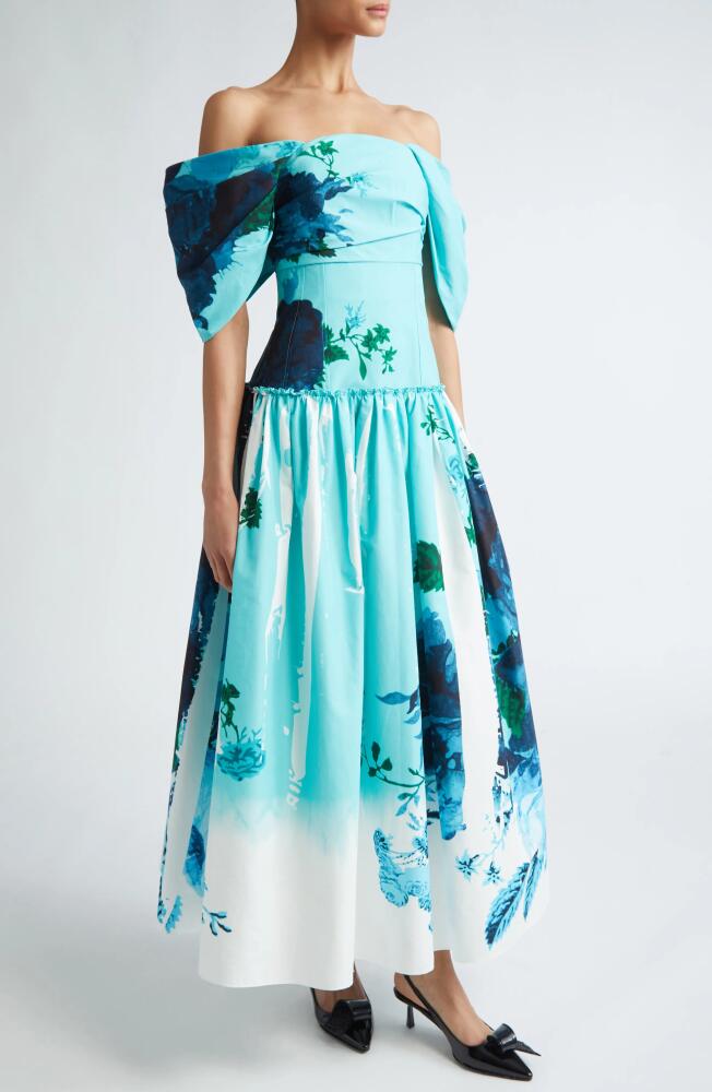 Erdem Floral Print Off the Shoulder Faille Cocktail Dress in Kingfisher Cover