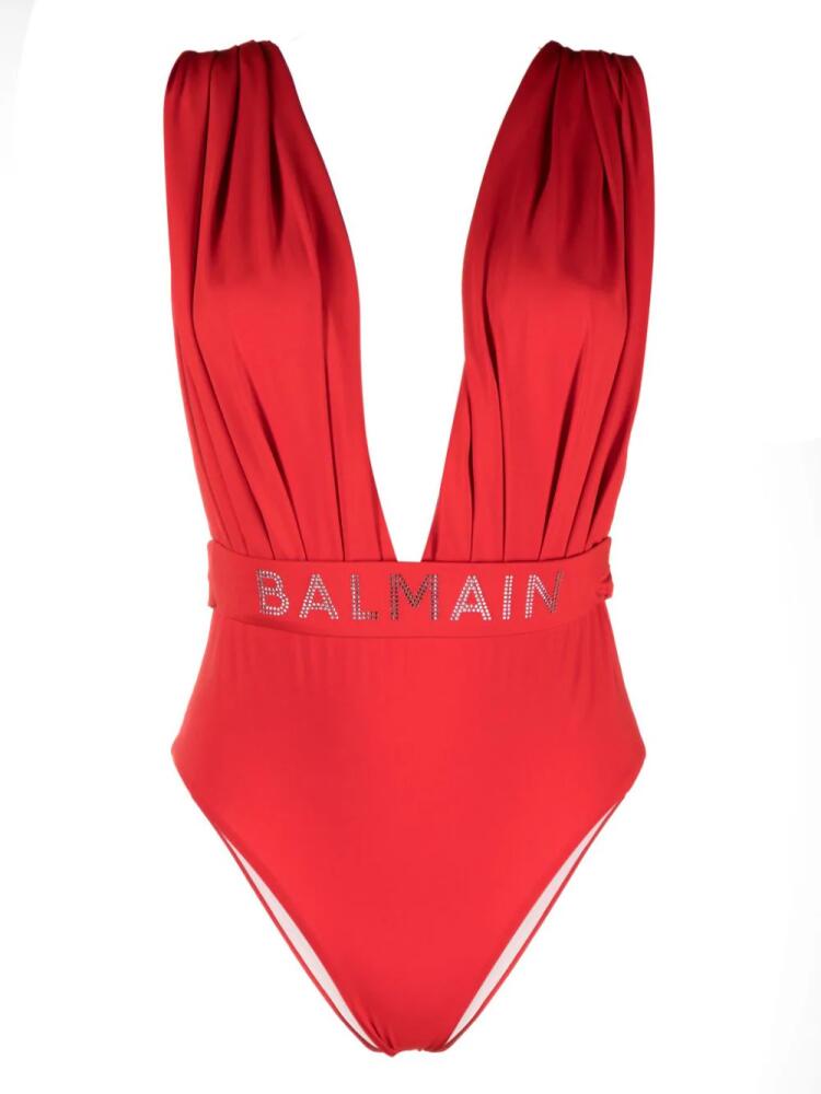 Balmain draped V-neck swimsuit - Red Cover