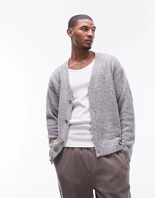 Topman boucle relaxed fit cardigan in light gray Cover