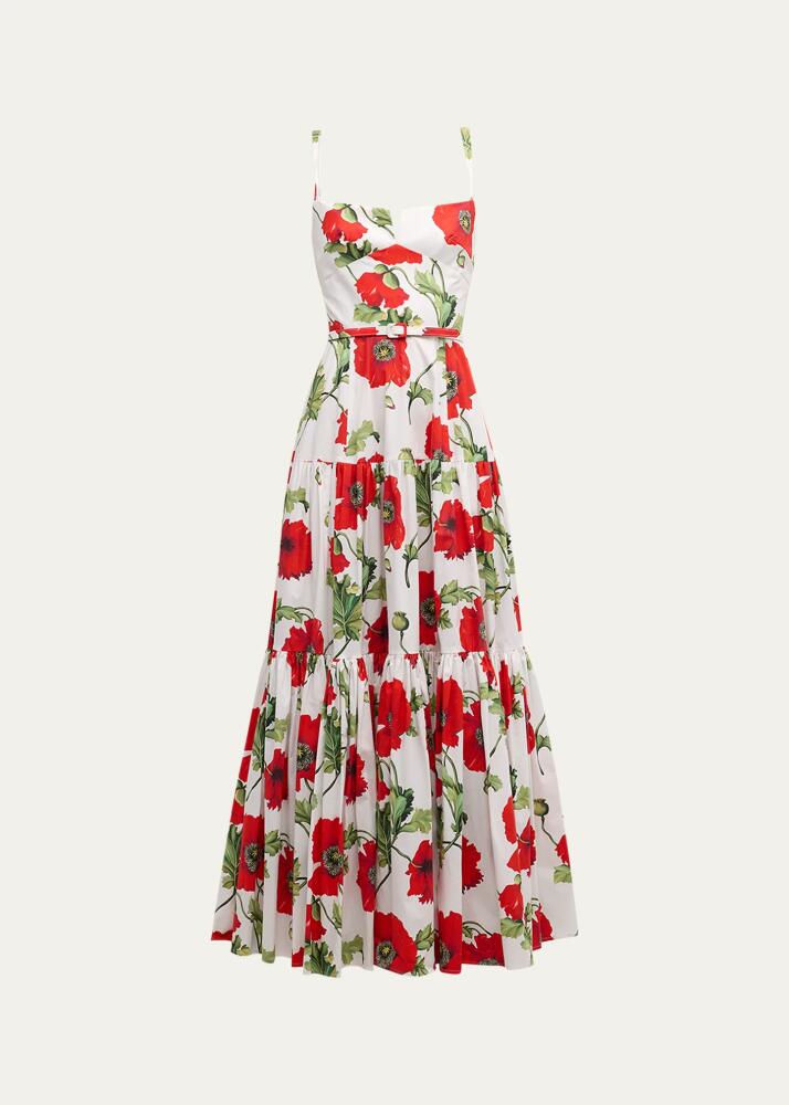 Oscar de la Renta Poppies-Print Sleeveless Belted Tiered Maxi Dress Cover