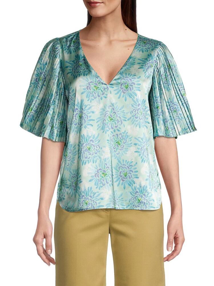 Rebecca Taylor Women's Astera Fleur Pleated Puff-Sleeve Blouse - Blue Floral Multi Cover