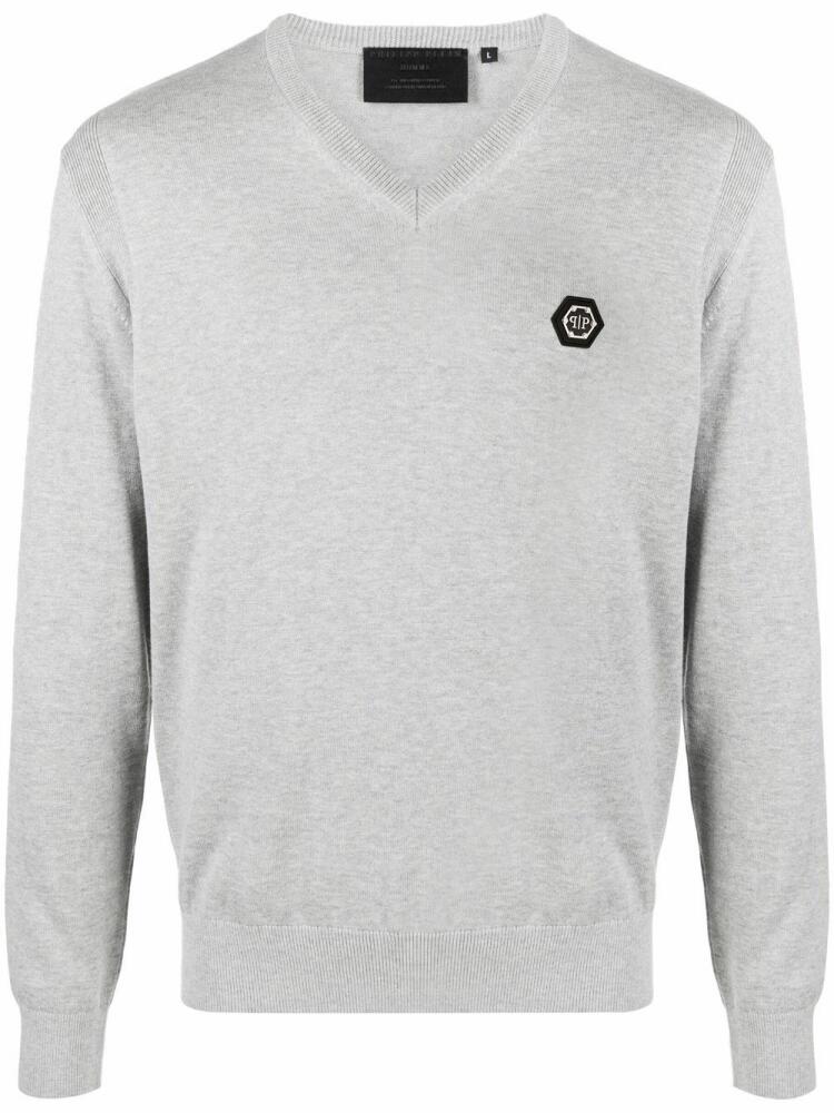 Philipp Plein logo-patch V-neck jumper - Grey Cover