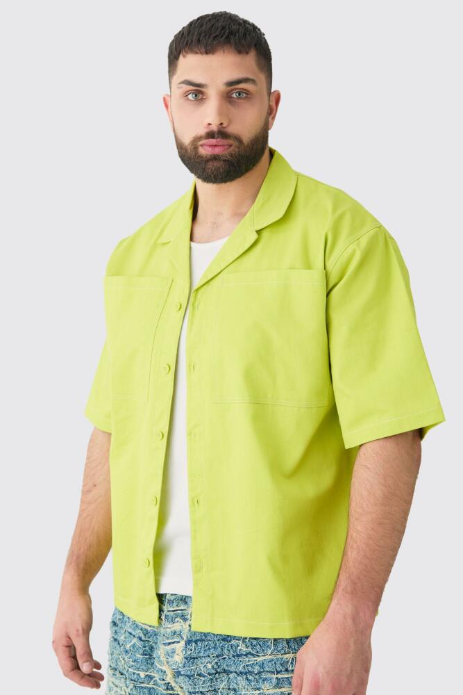 boohoo Mens Plus Twill Drop Revere Contrast Stitch Shirt - Green Cover