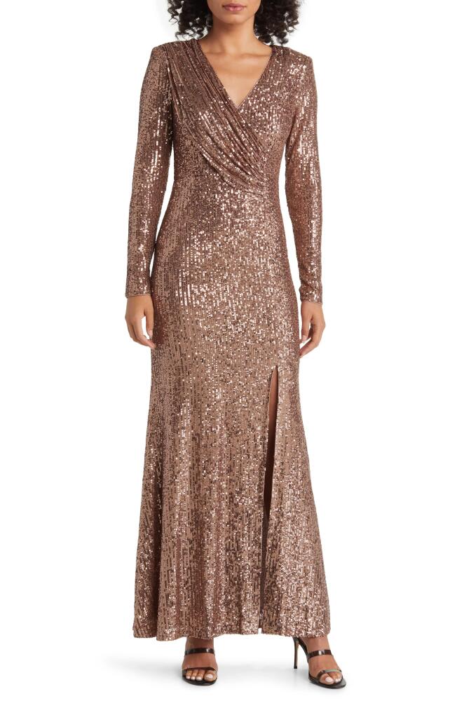 Eliza J Sequin Long Sleeve Gown in Taupe Cover