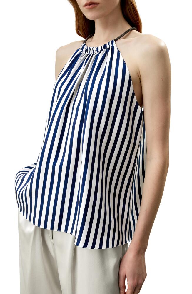 Lilysilk Silk Twill Halter Neck Top in Blue-White-Pinstripes Cover