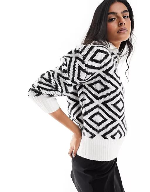 Pieces half zip sweater in black & white print-Multi Cover