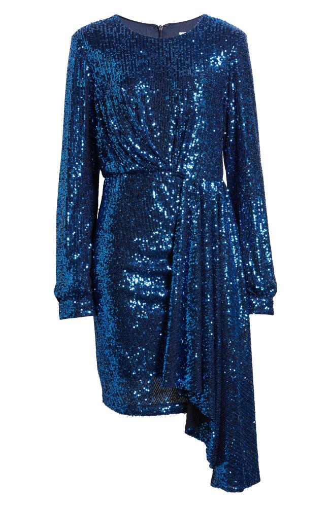 Jewel Badgley Mischka Sequin Long Sleeve Drape Cocktail Minidress in Sapphire Cover