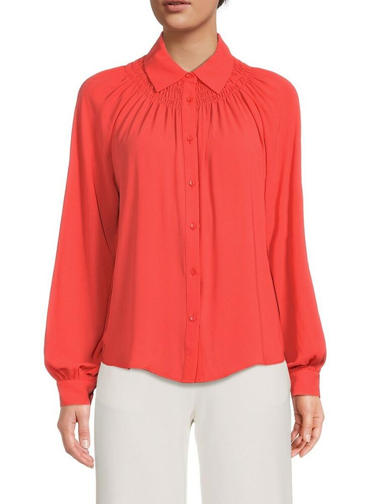 Tahari Women's Sheer Smocked Button Down Shirt - Coral Orange Cover