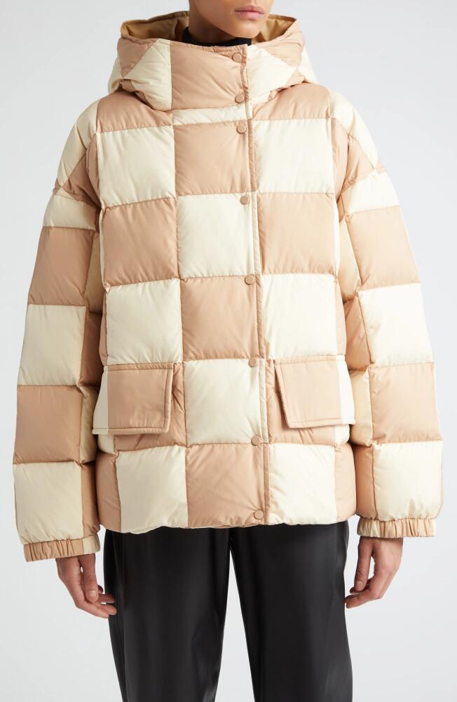 Stand Studio Darla Checkered Hooded Down Puffer Jacket in Eggshell/Sand Cover