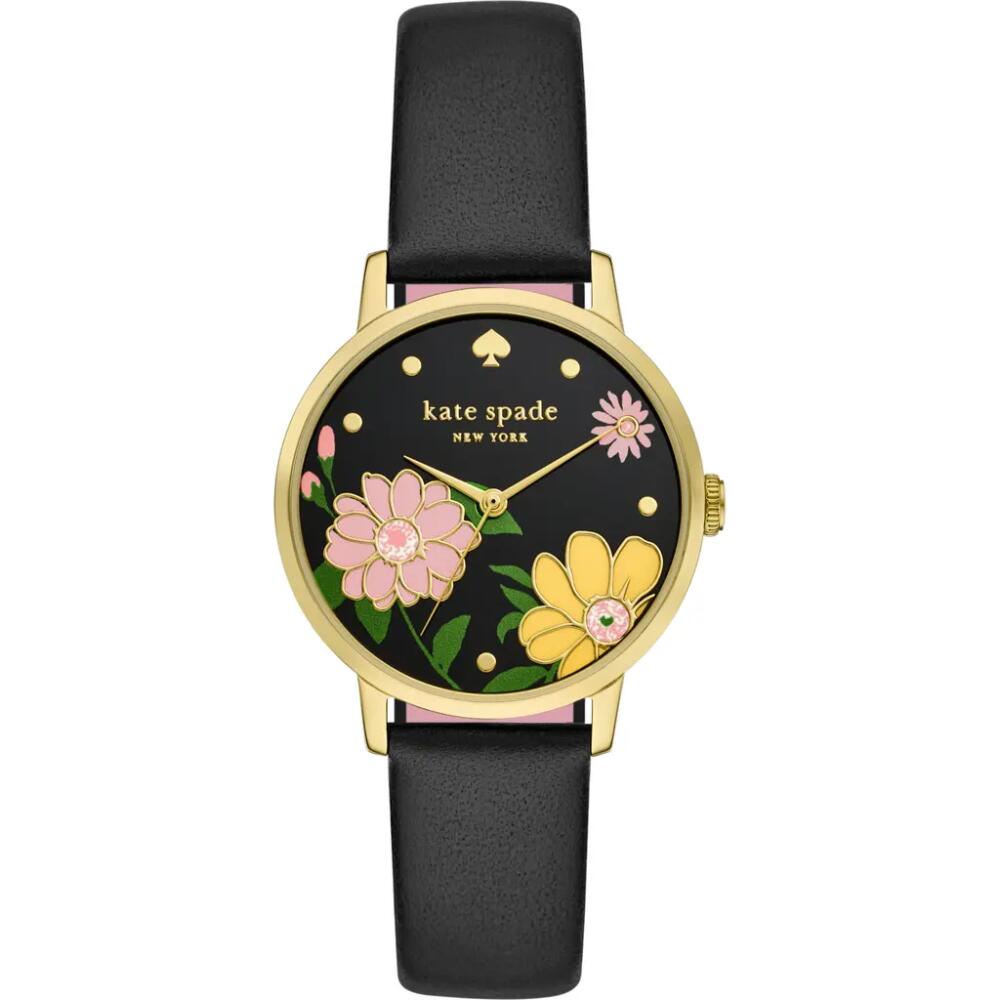 Kate Spade New York metro floral dial leather strap watch, 34mm in Black Cover