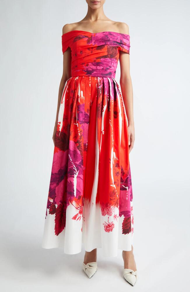 Erdem Rose Poppy Print Off the Shoulder Midi Cocktail Dress Cover