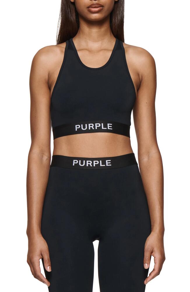 PURPLE BRAND Logo Tape Racerback Sports Bra in Black Cover