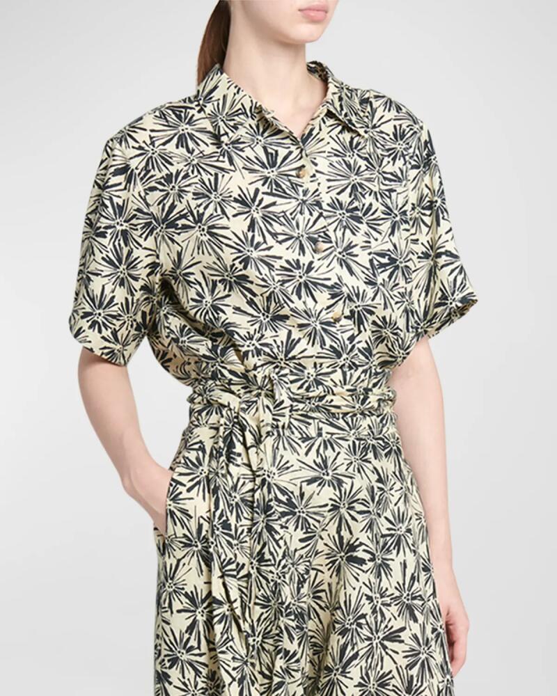 Loro Piana Isobel Flowers-Print Short-Sleeve Linen Button-Down Shirt Cover