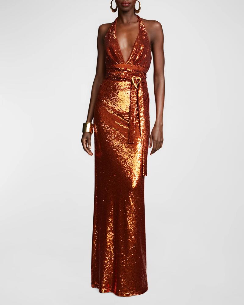 Halston Mio Deep V-Neck Sequin Column Gown Cover