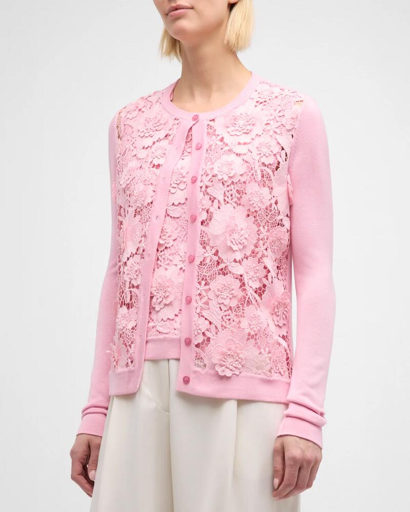 Oscar de la Renta Floral Guipure Inset Long-Sleeve Crewneck Cardigan Cover