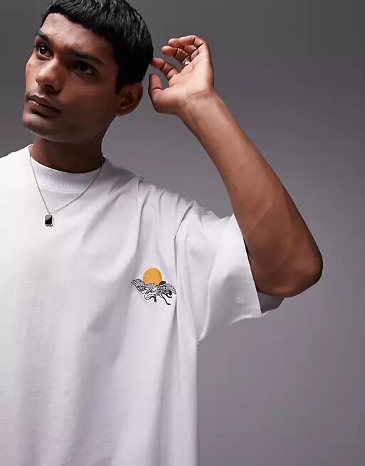 Topman extreme oversized fit T-shirt with crane tattoo embroidery in white Cover