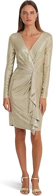 Lauren Ralph Lauren Metallic Knit Surplice Cocktail Dress (Birch Tan/Gold Foil) Women's Dress Cover