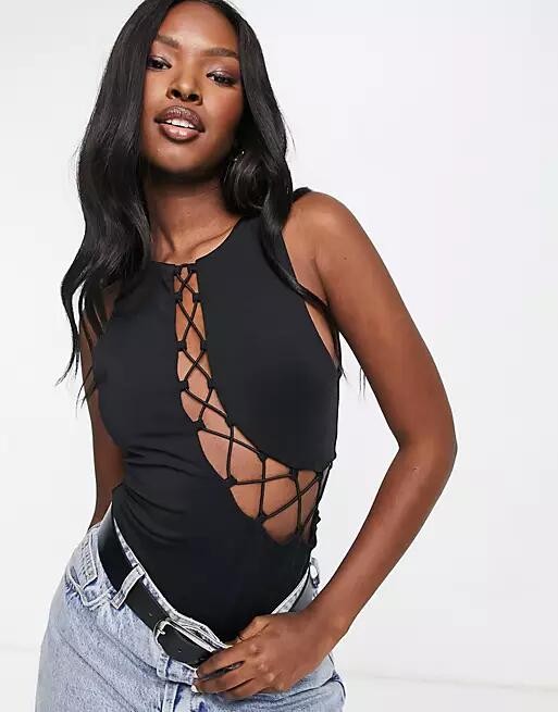 ASOS DESIGN sleeveless bodysuit with lace up detail in black Cover