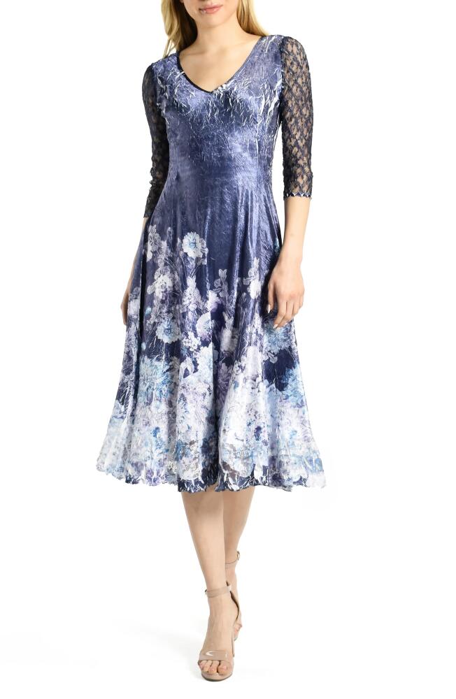 Komarov Floral Print Charmeuse & Lace Cocktail Midi Dress in Midnight Thistle Cover