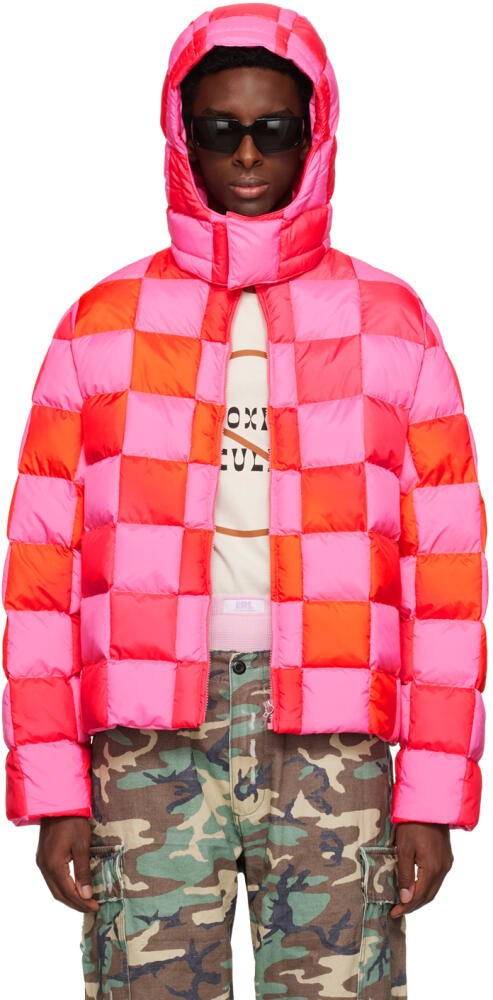 ERL Pink & Red Gradient Checker Hooded Puffer Coat Cover