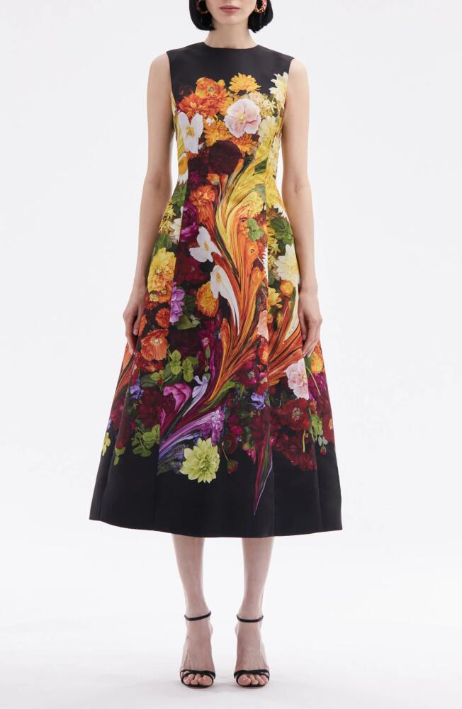 Oscar de la Renta Rainbow Flower Marble Print Faille Midi Cocktail Dress in Black Multi Cover